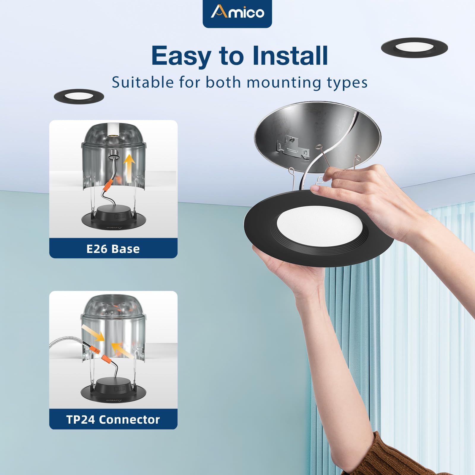 Amico LED can light with dimmable performance and universal E26 base for easy home installation.