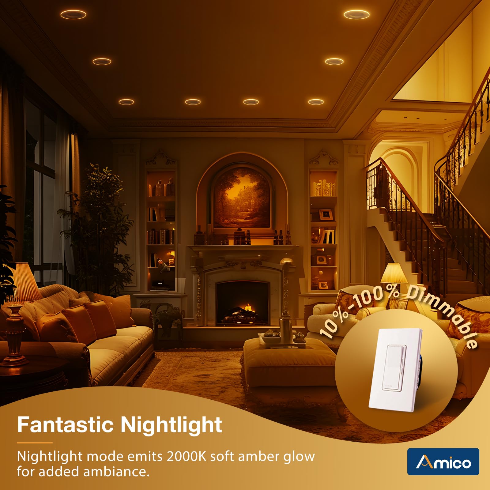 Amico dimmable downlight offering adjustable light levels.