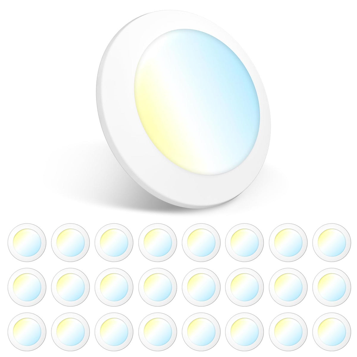 Amico LED disk light showing installation options for 5in and 6in housings