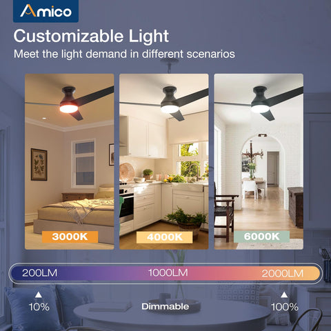 Memory function showing saved light and fan settings on Amico unit.