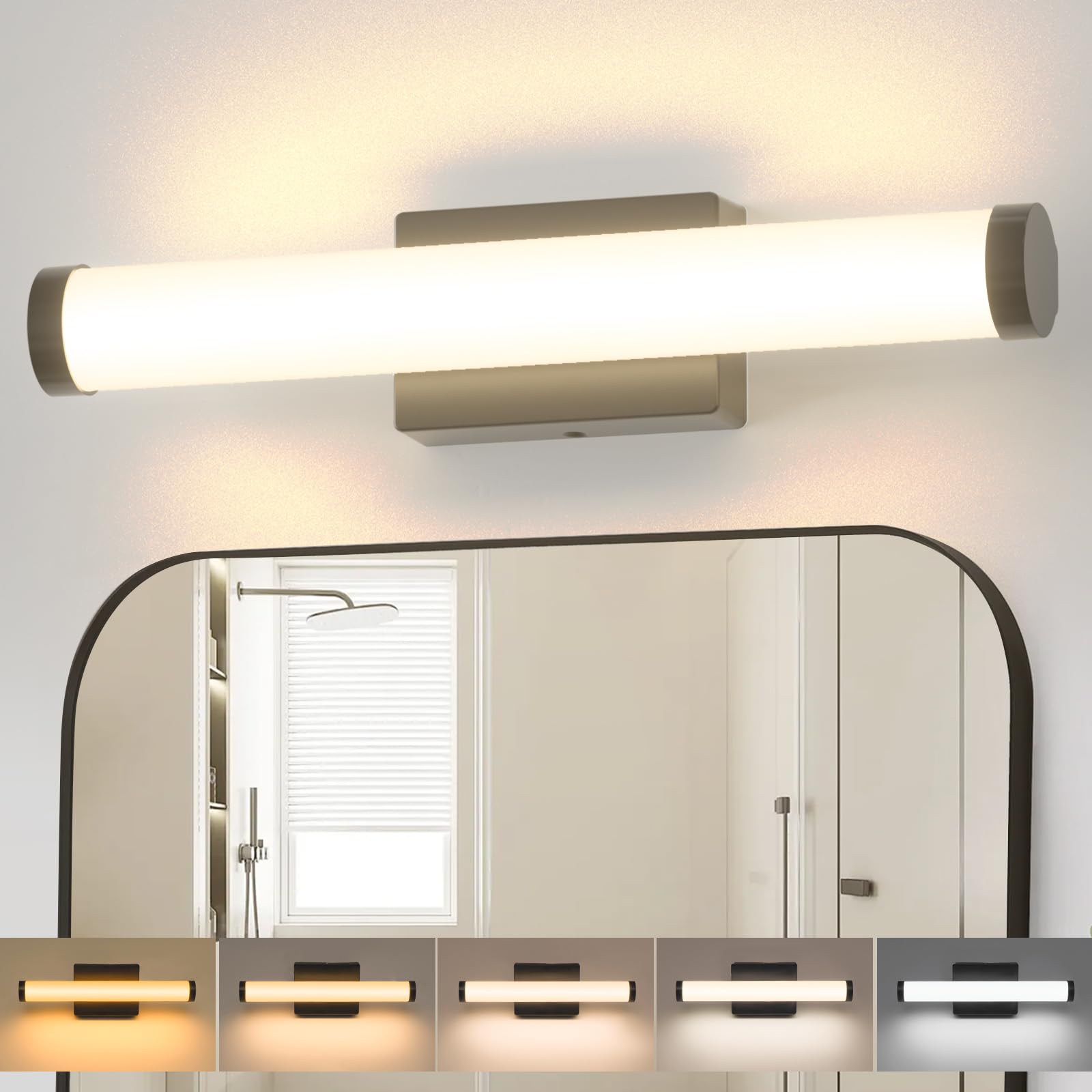 Amico vanity light 16-inch front view for bright, even bathroom illumination.