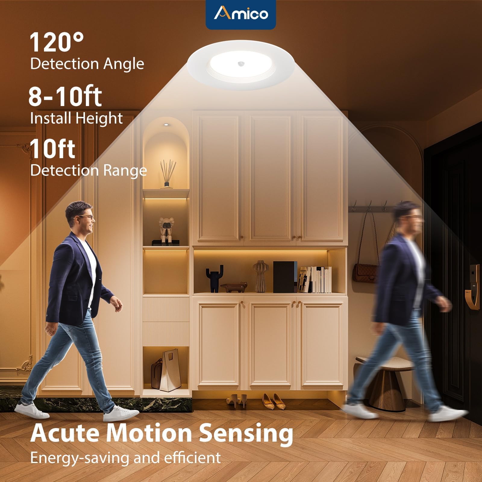 Amico motion-sensor ceiling light detects motion for hands-free entry.