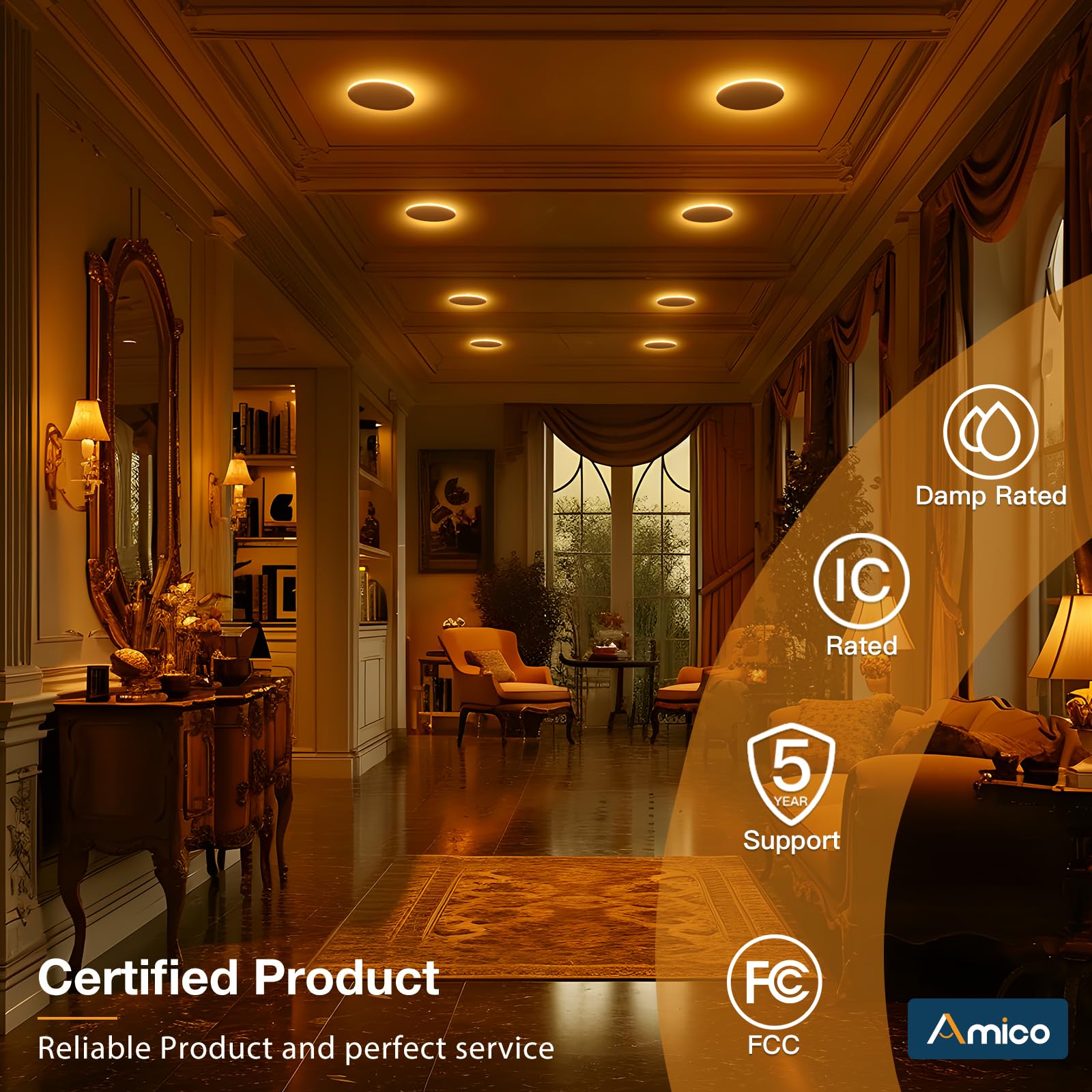 Amico night light amber glow supports safe navigation at night.
