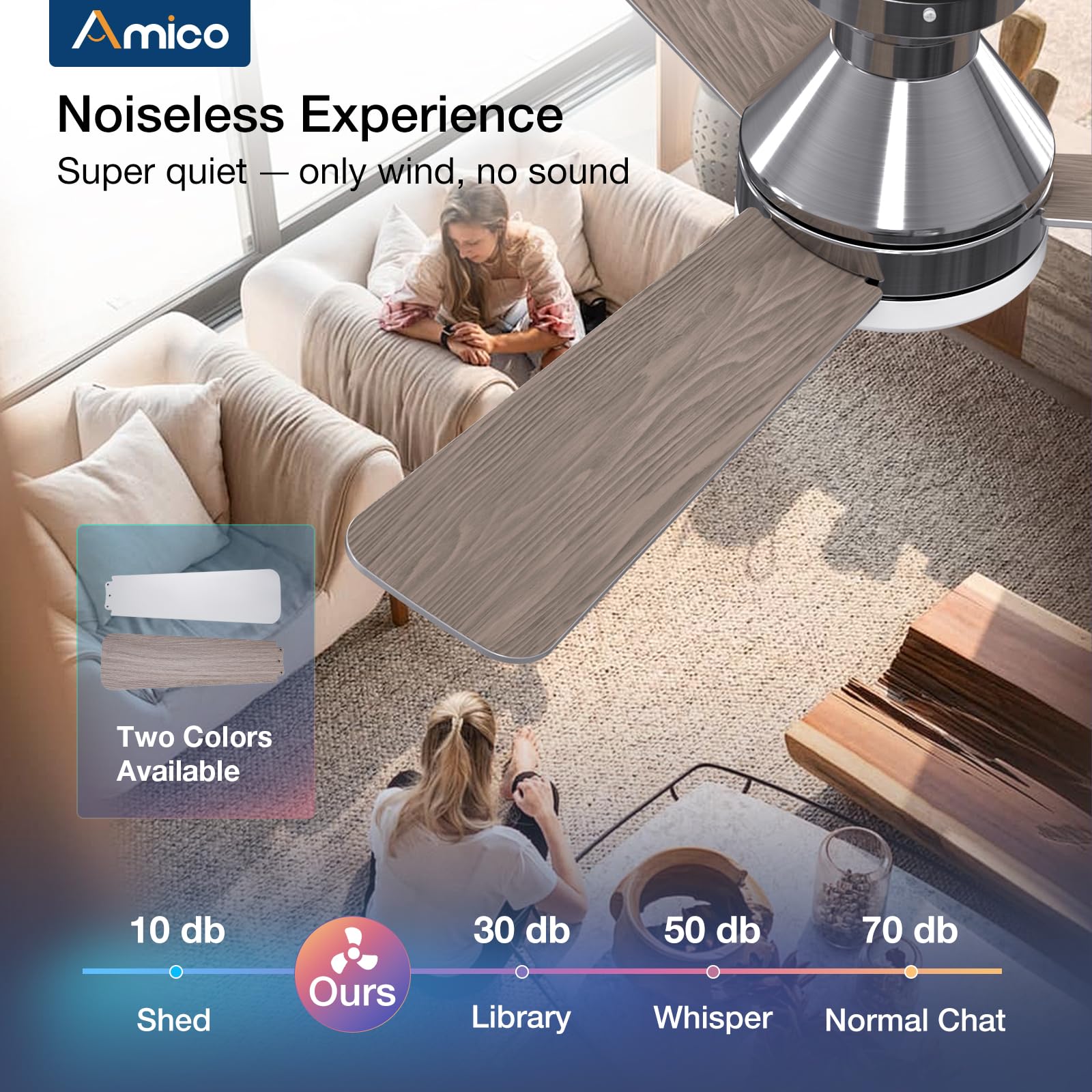 Amico quiet ceiling fan operates around 35dB for peaceful rooms