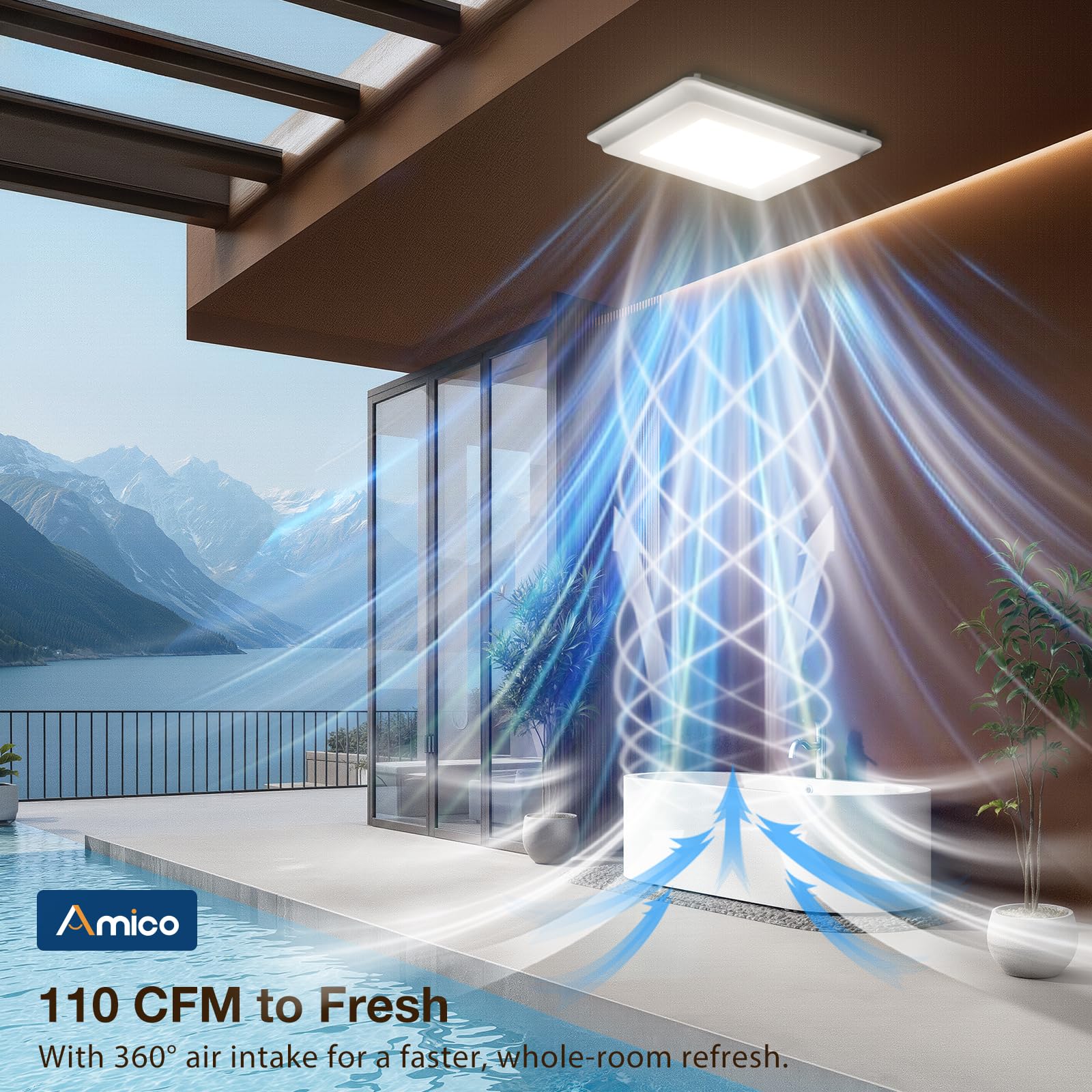 Amico quiet operation at 1.0 sones keeps bathroom ambiance calm.