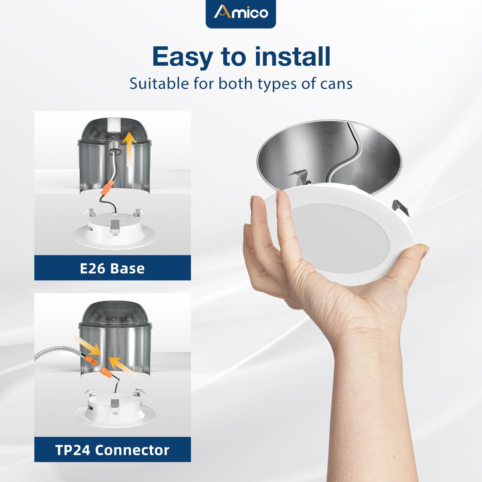 Amico 4-inch LED can lights with E26 base for quick DIY install.