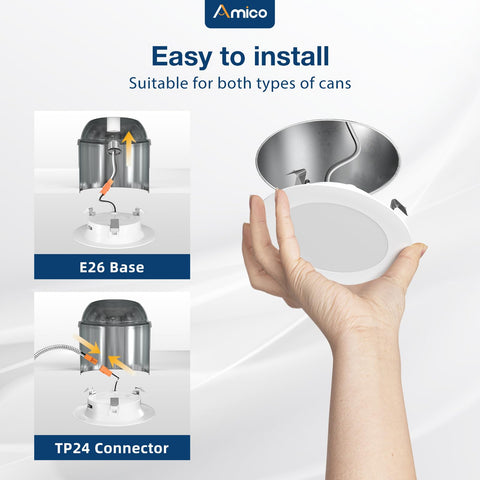 Amico 4-inch LED can lights with E26 base for quick DIY install.
