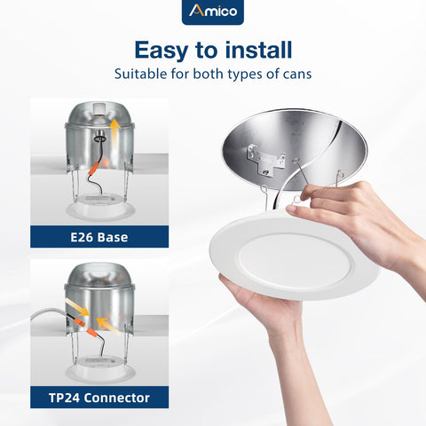 Amico recessed lighting fits 5/6-inch cans for flexible retrofits.