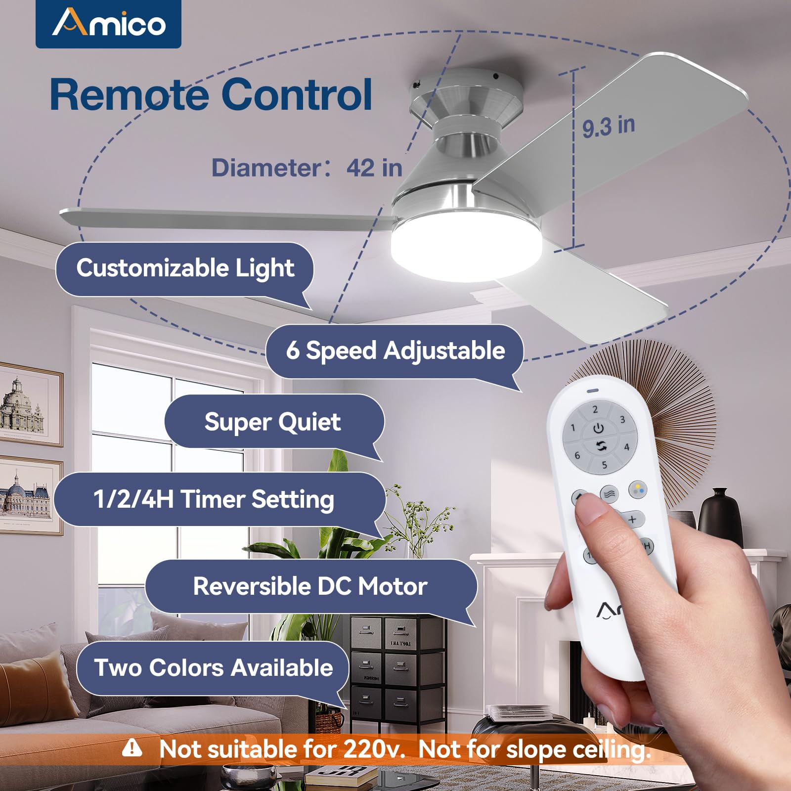 Amico remote-control ceiling fan with dimmable light for versatile ambiance