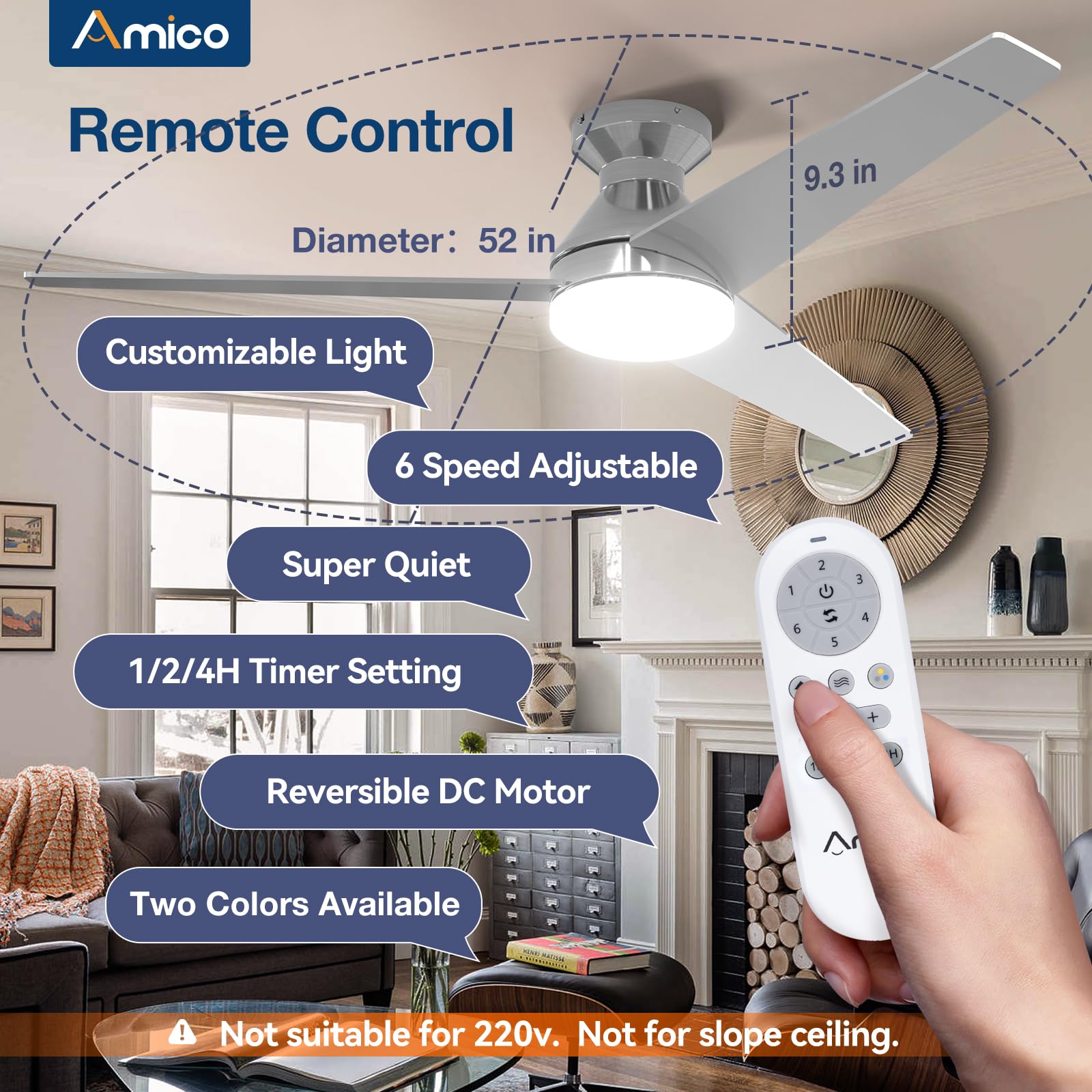 Amico remote-controlled ceiling fan with light demonstrates easy operation from anywhere.