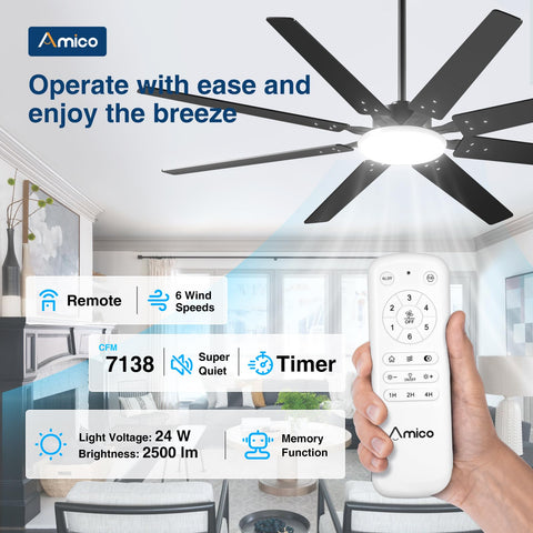 Amico remote-controlled ceiling fan offering seamless speed and lighting adjustments.