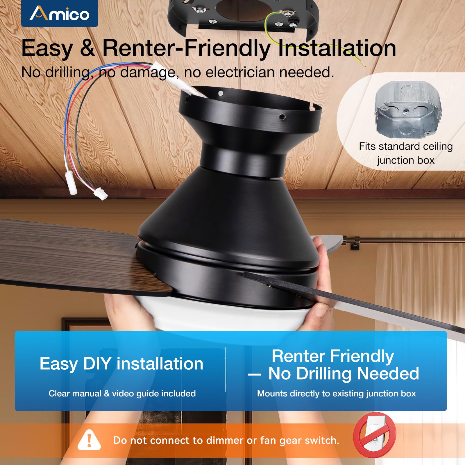 Renter-friendly installation setup for Amico ceiling fan with light.