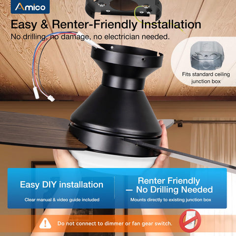 Renter-friendly installation setup for Amico ceiling fan with light.