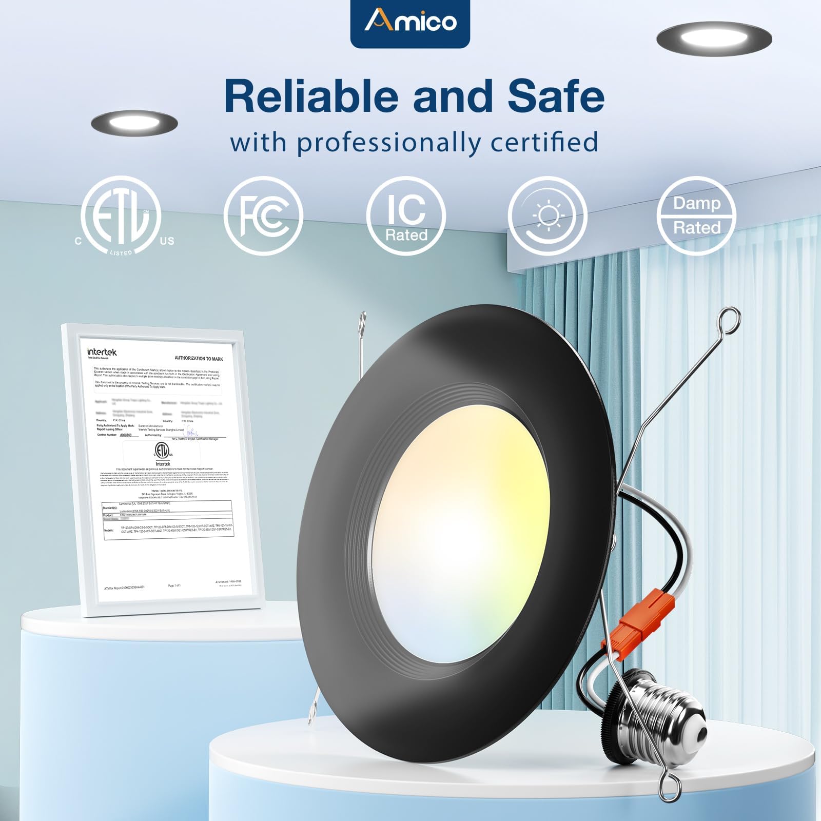 Amico retrofit downlight with simple install and insulation-friendly design.