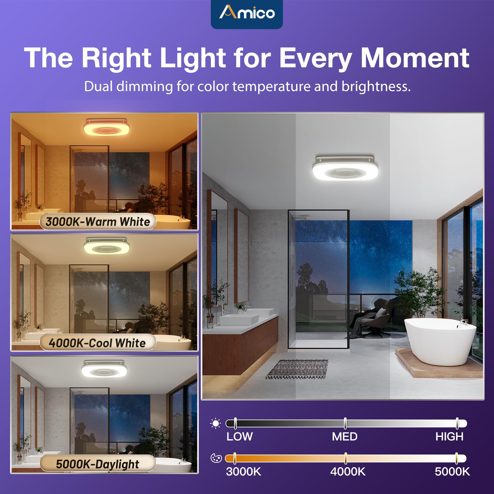 Amico RGB lighting syncing to music creates dynamic bathroom ambience.