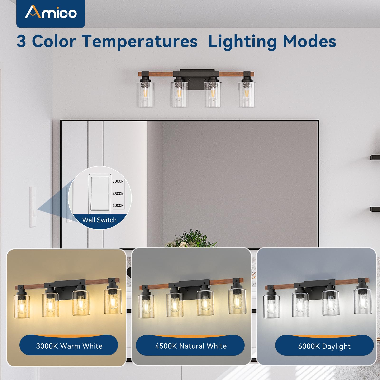 Amico rustic wood finish pairs with bubble glass shades for durable bathroom lighting.