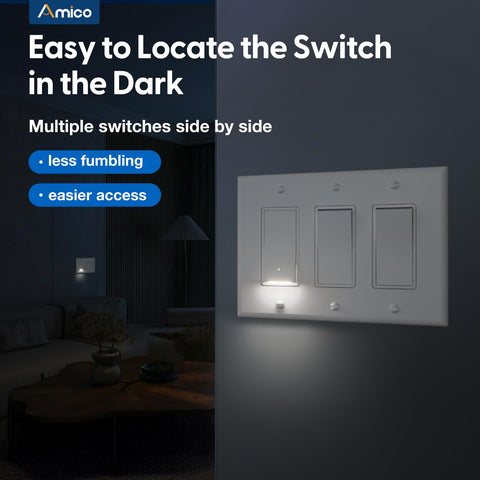 Amico switch with night light combo reduces clutter and keeps walls tidy.