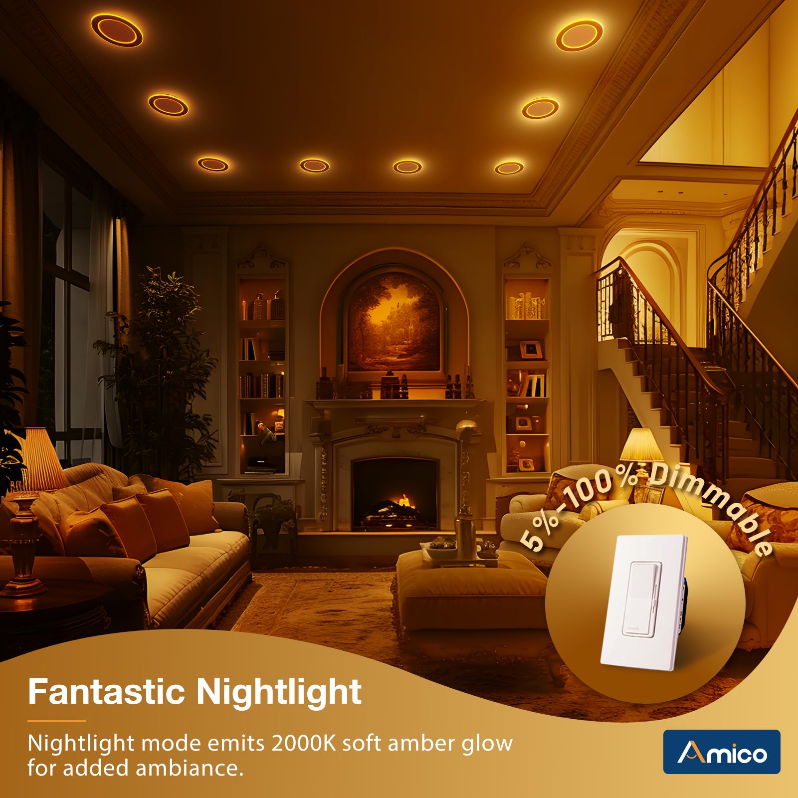 Amico synchronization reset feature keeps all lights in consistent downlight mode.