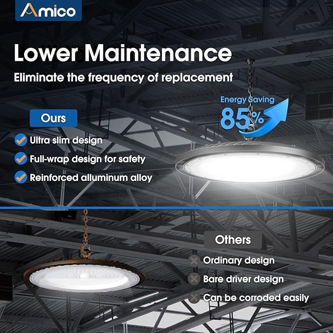 Amico UFO LED high bay light 150W wiring and mounting assembly for quick setup.