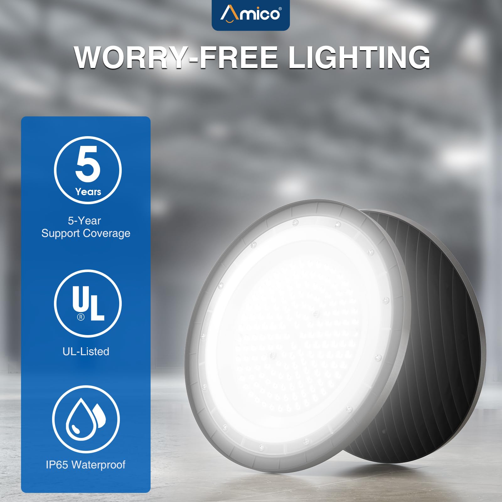Amico UFO LED high bay light 150W ideal for warehouses, factories, gyms.