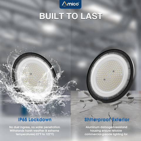 Amico UFO LED high bay light 150W wide-angle beam for large space coverage.