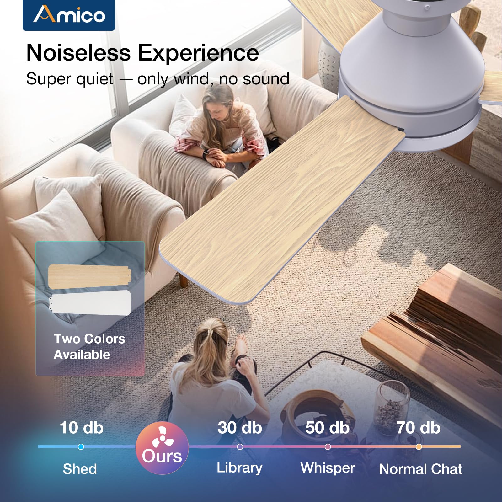 Amico ultra-quiet fan runs at 35dB for peaceful sleep.