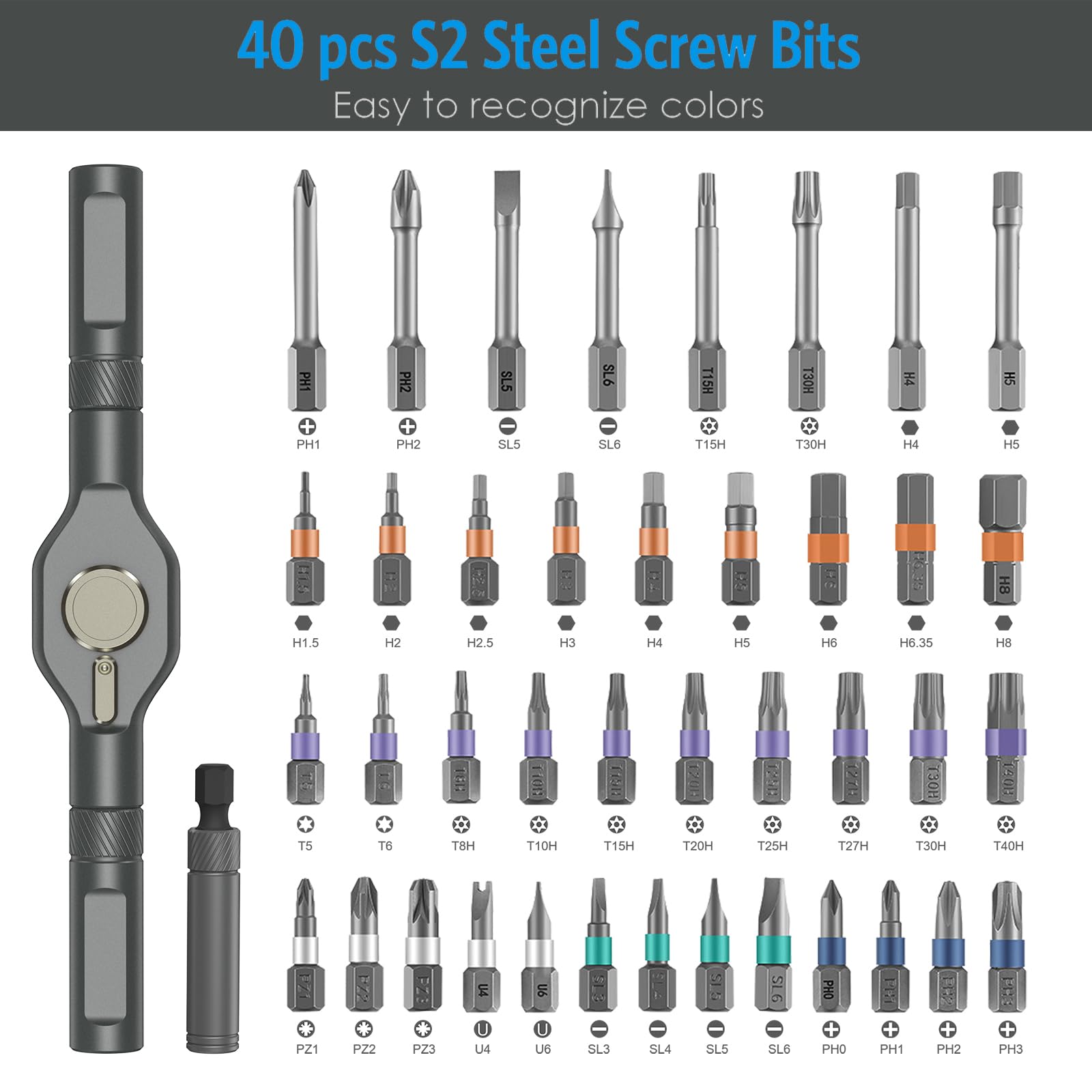 AMIR 42-in-1 ratchet screwdriver set features a 58-tooth reversible ratchet.