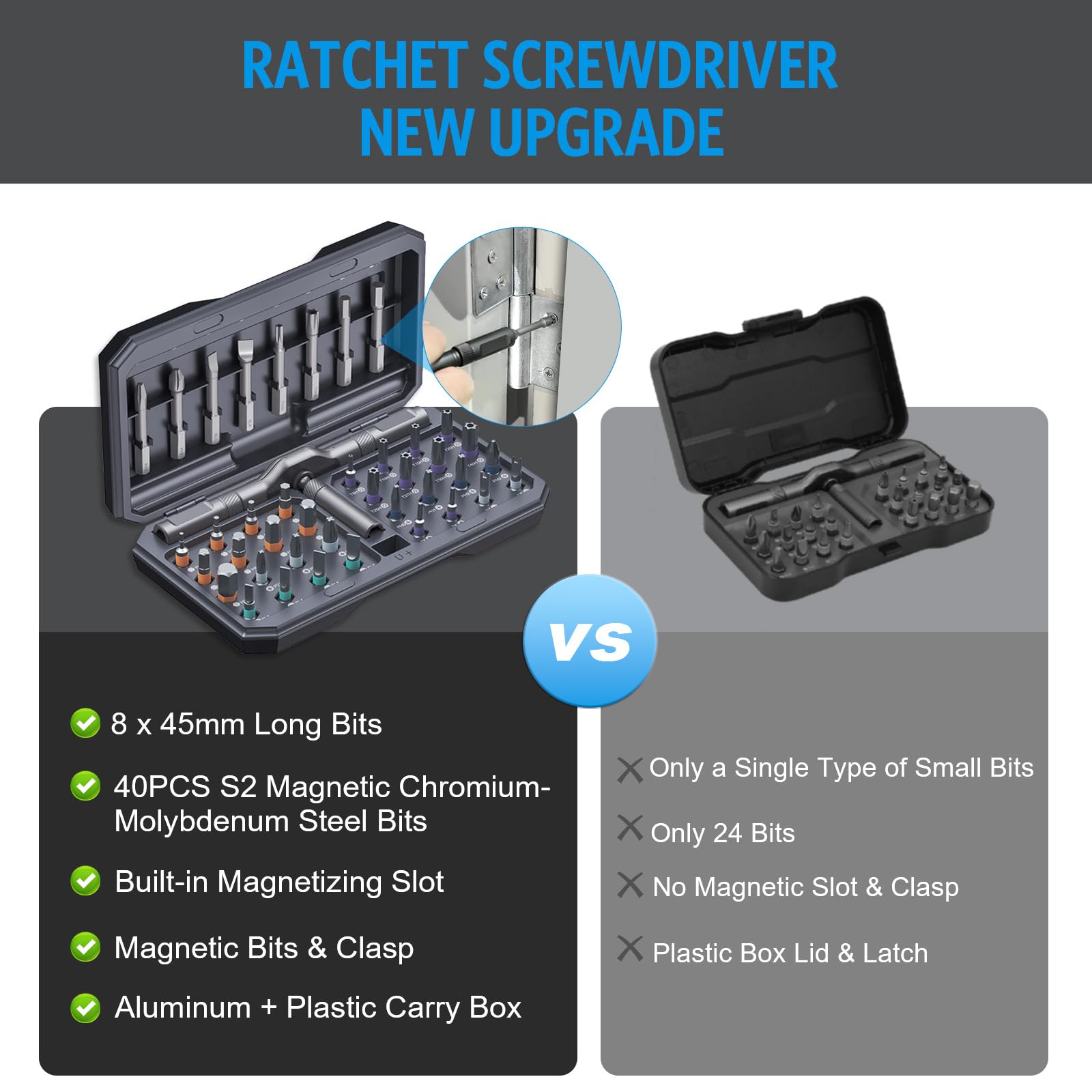 AMIR 42-in-1 ratchet screwdriver set with detachable handle for tight spaces.