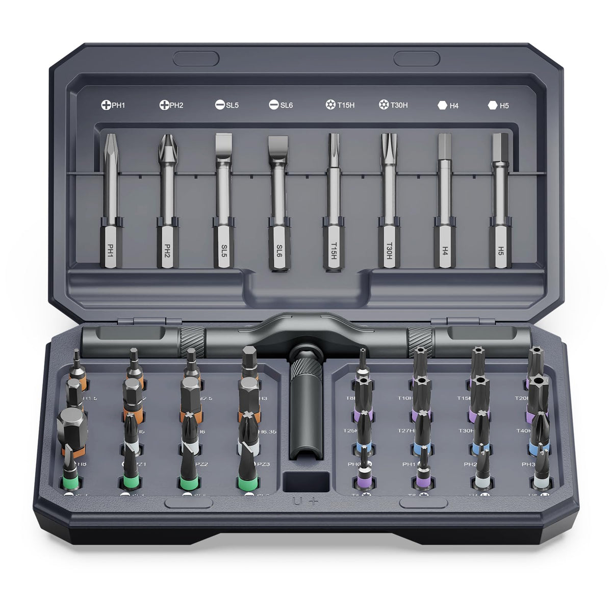 AMIR 42-in-1 ratchet screwdriver set front view, compact and stylish for home repairs.