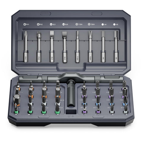 AMIR 42-in-1 ratchet screwdriver set front view, compact and stylish for home repairs.