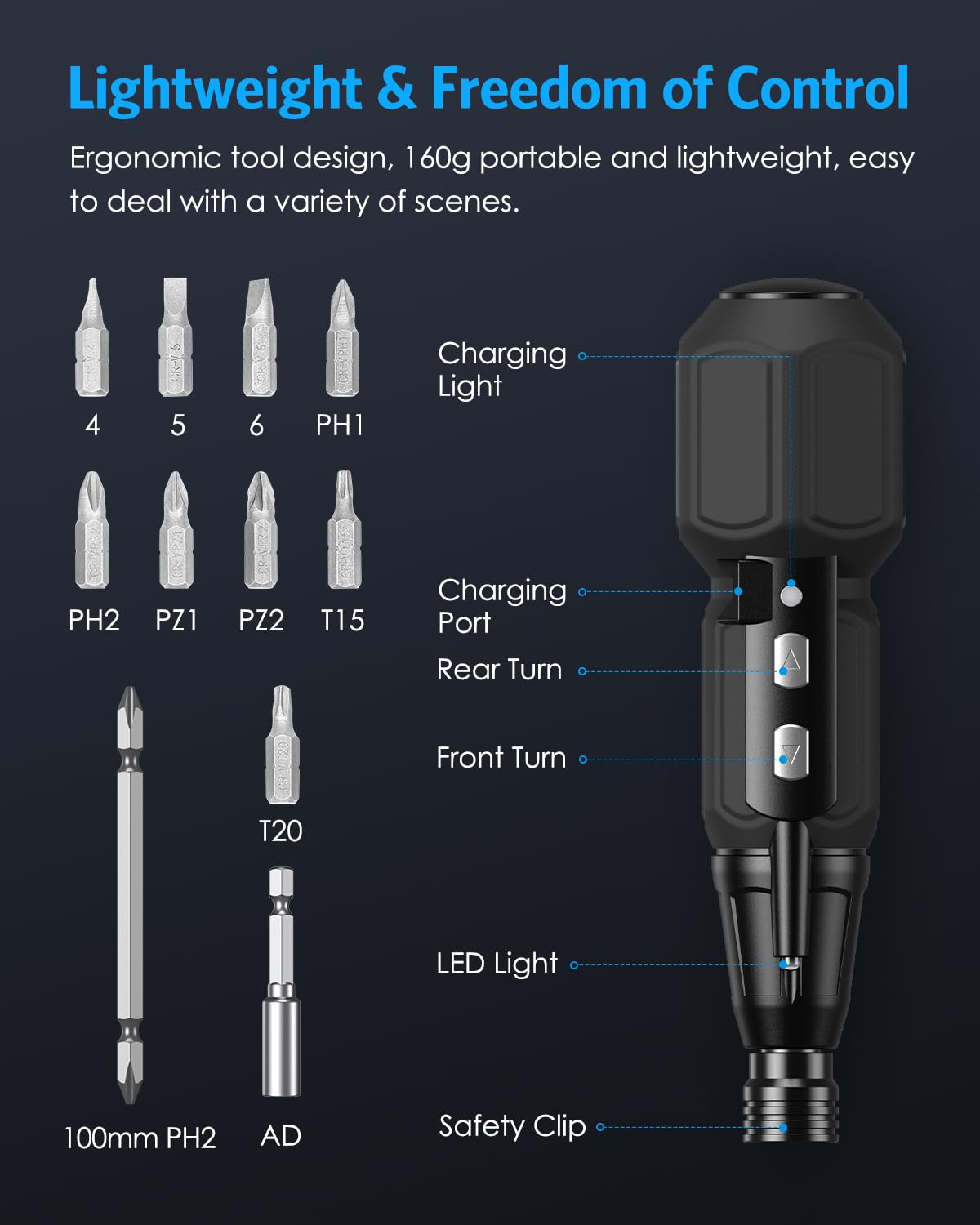 AMIR lightweight screwdriver at 160 g for comfortable one-handed use