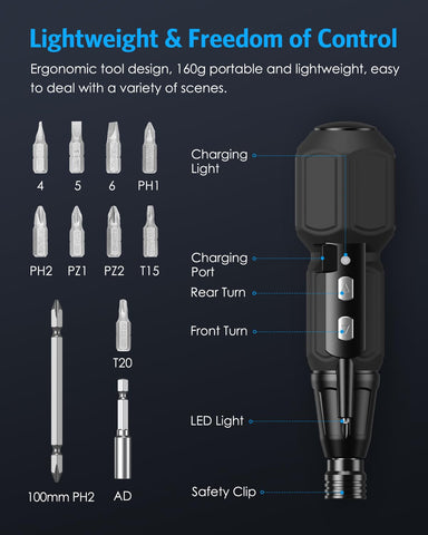 AMIR lightweight screwdriver at 160 g for comfortable one-handed use