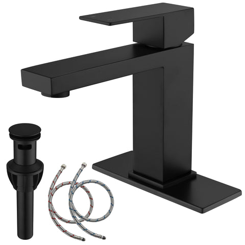 AmirLans AML-1141-BK faucet on sink with matte black single-hole design for a modern bathroom.