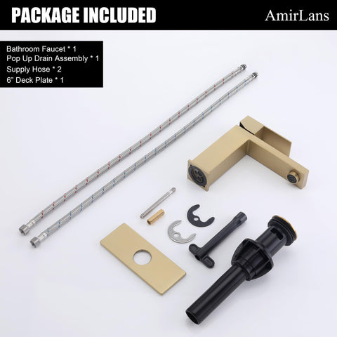 AmirLans brushed gold faucet in a modern bathroom setting