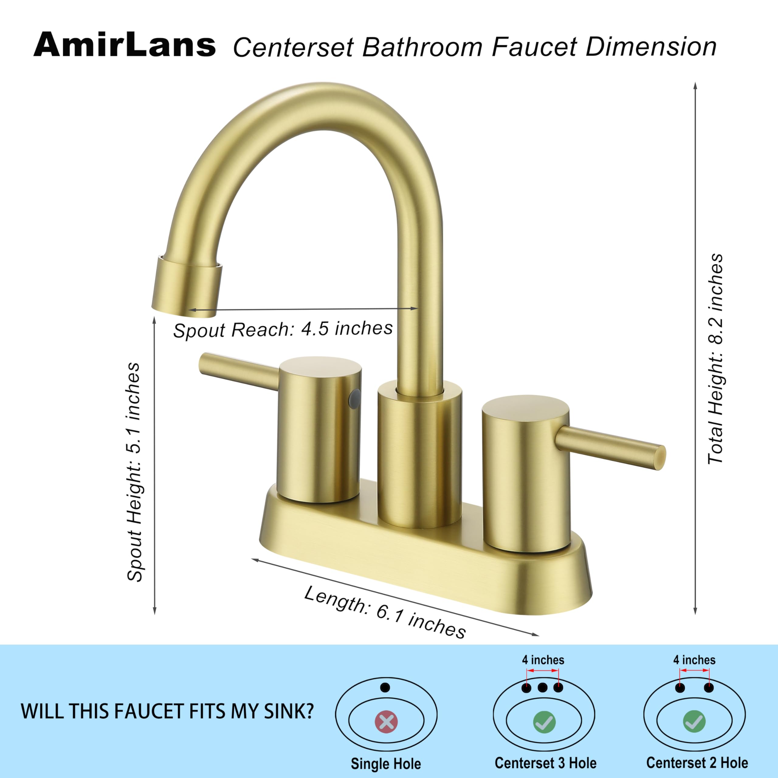 AmirLans brushed gold faucet showing two-handle control for precise temperature.