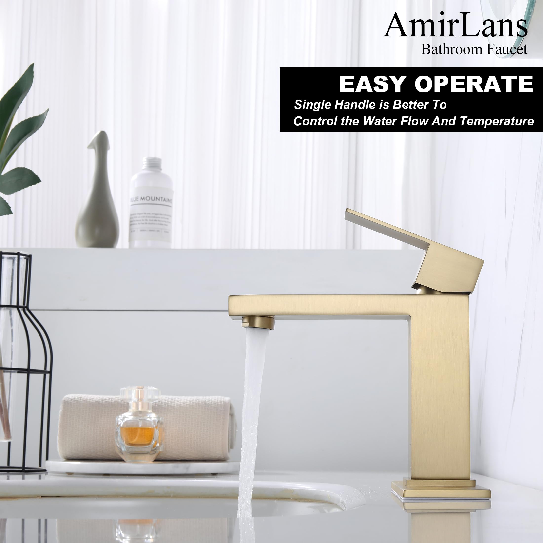 AmirLans brushed gold faucet close-up shows long-lasting finish