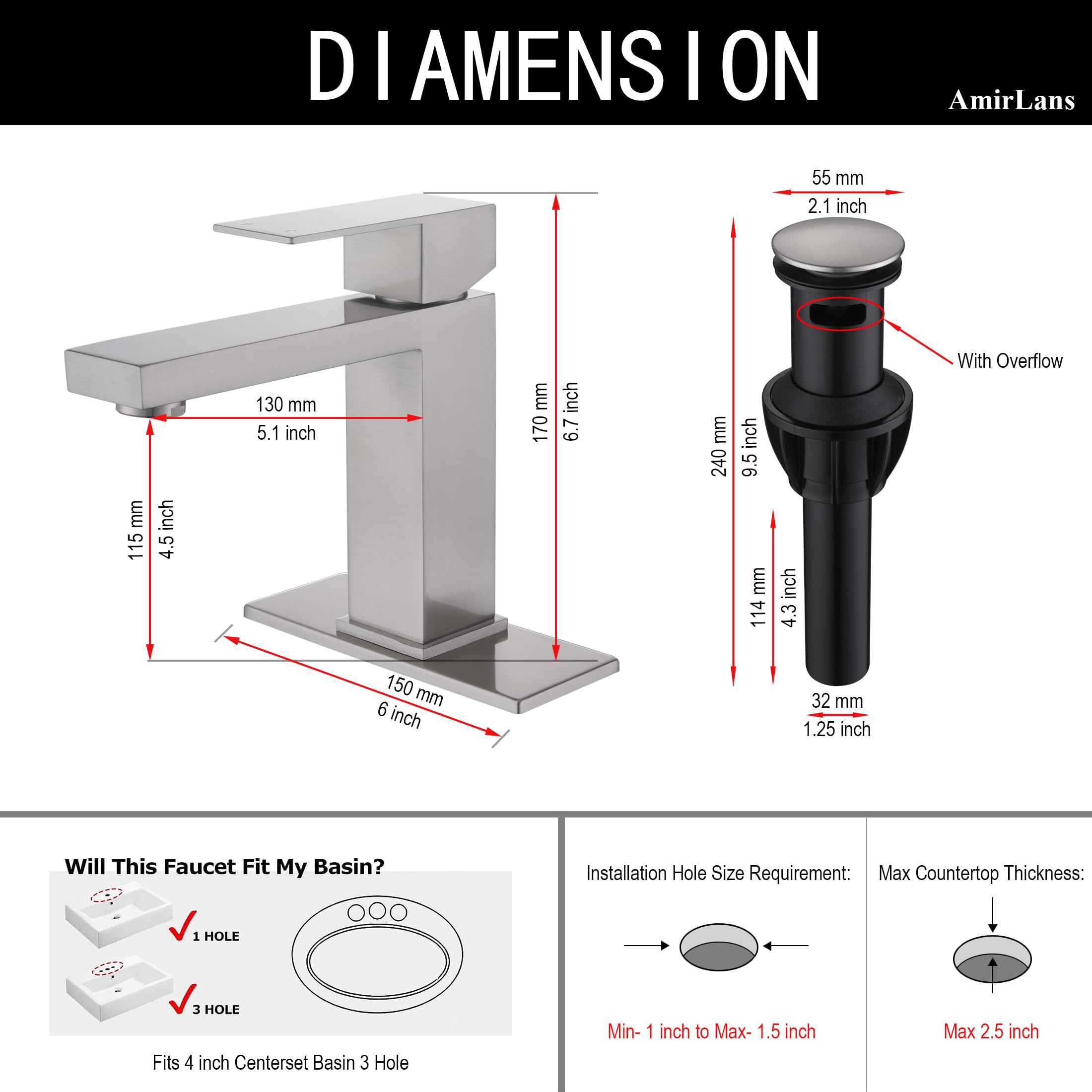 AmirLans pop-up drain with overflow for easy bathroom setup