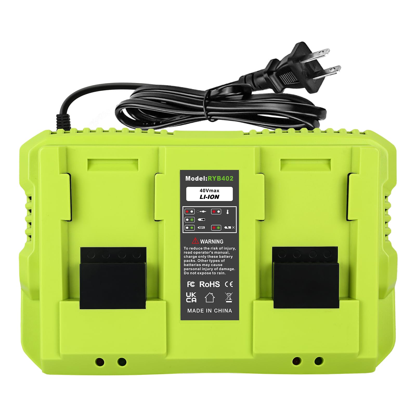 Amityke Ryobi 40V charger dual-port enables simultaneous battery recharges.