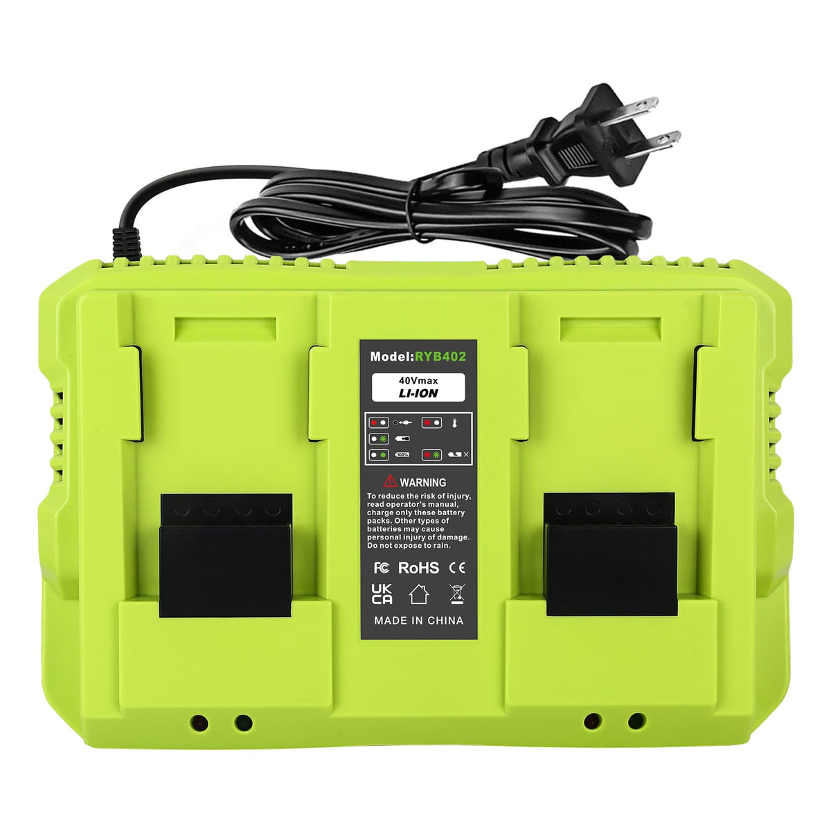 Amityke Ryobi 40V charger dual-port enables simultaneous battery recharges.