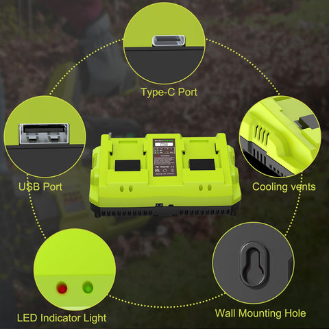 Amityke 40V charger with USB Type-C ports powers devices while charging.