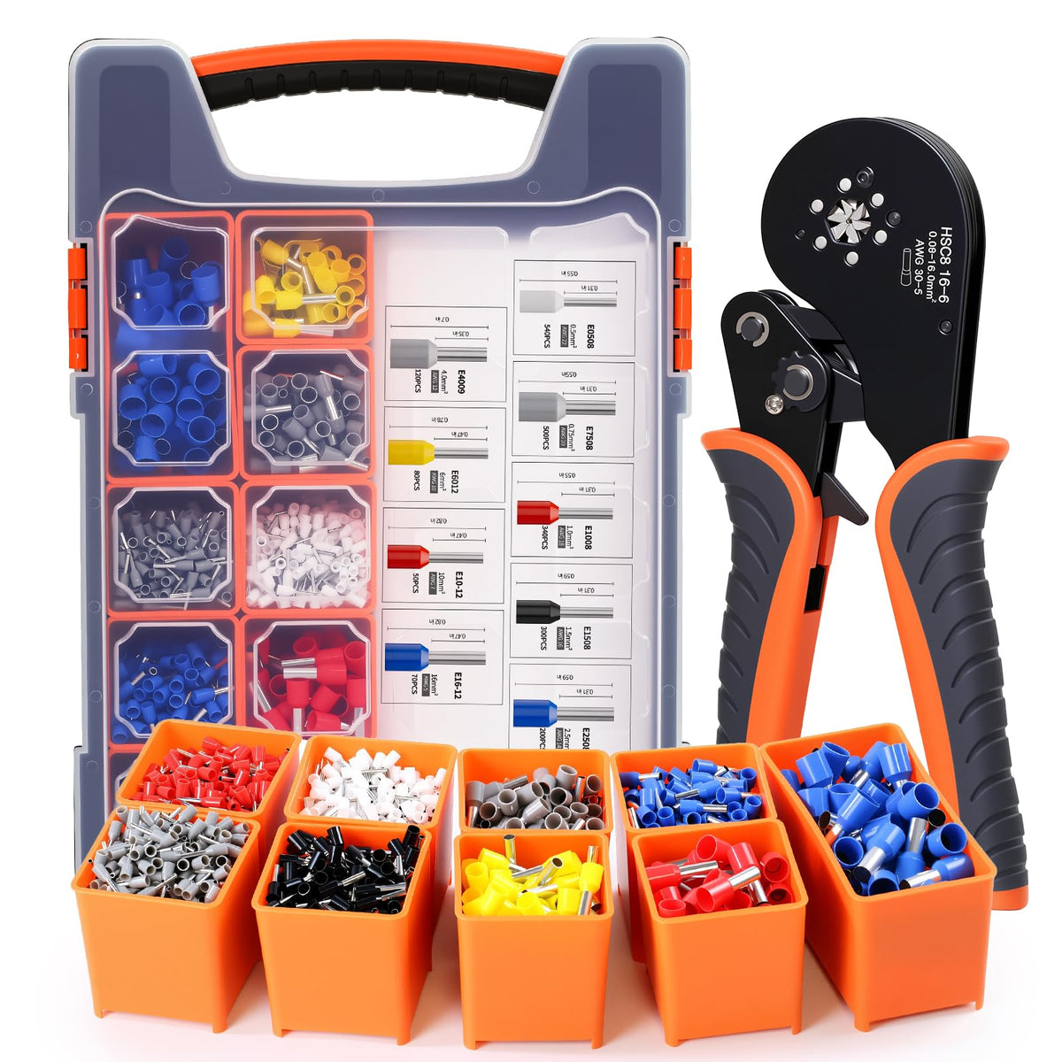 Amliber 2200pcs hex ferrule crimping kit closeup delivers precise crimps for secure wire connections.