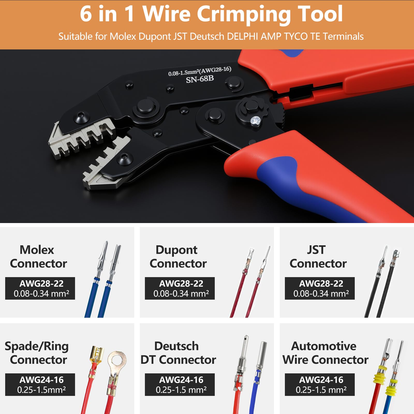 Amliber 6-in-1 crimping tool side view, ergonomic non-slip grip.