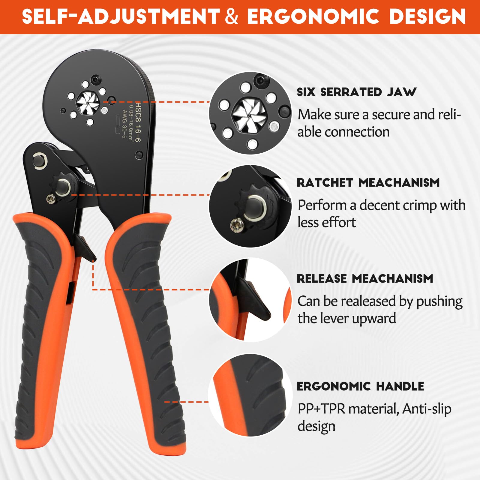 Amliber self-adjusting ferrule crimper ergonomic handles reduce fatigue during long sessions.