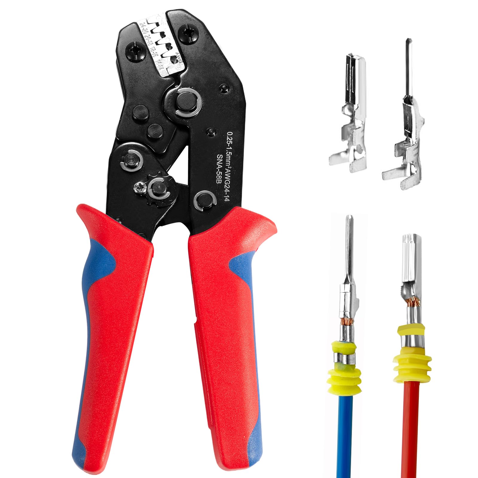 Amliber wire crimping tool with ratchet for effortless crimps.