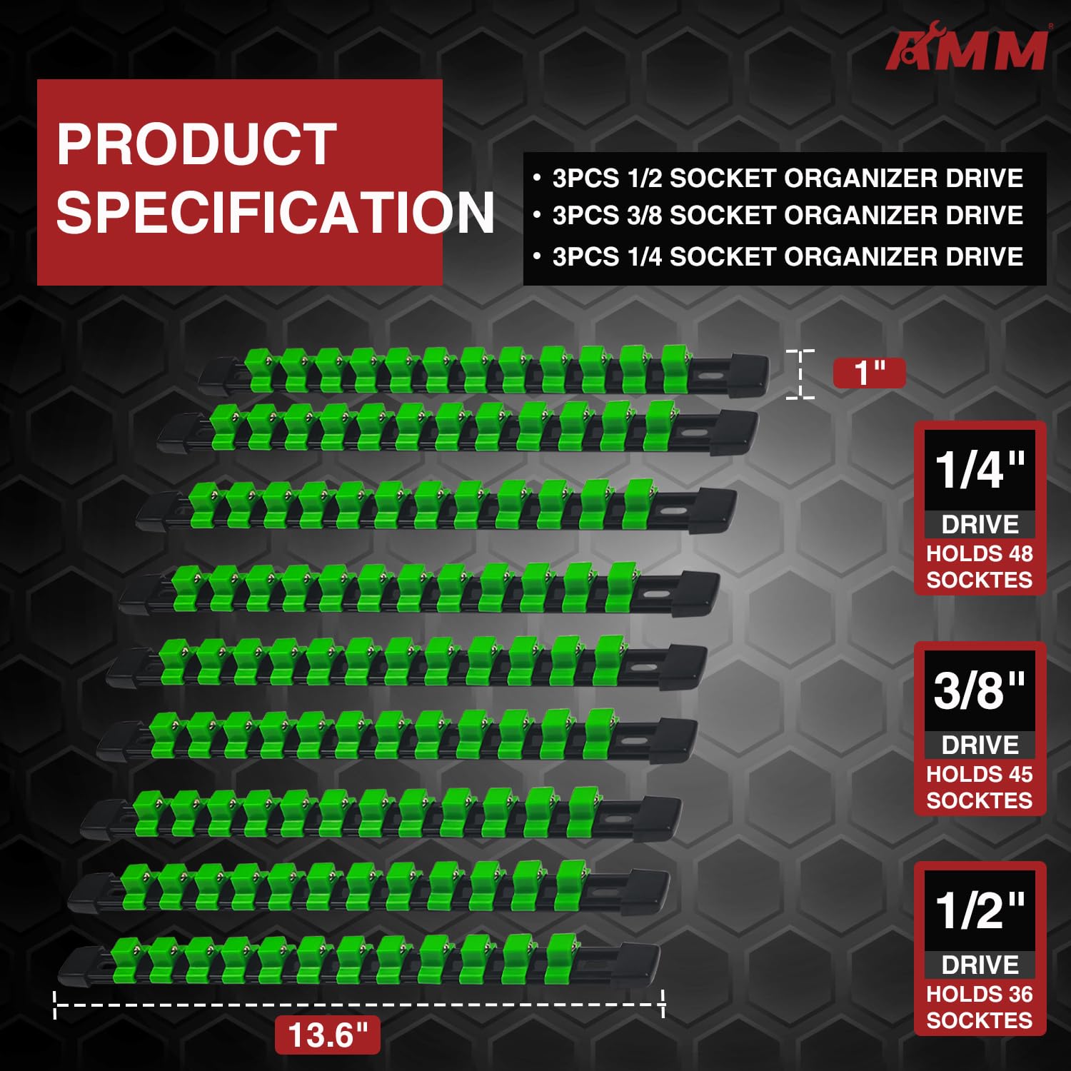 AMM 1/2-inch drive socket rail highlights deep and shallow sockets in one compact setup.