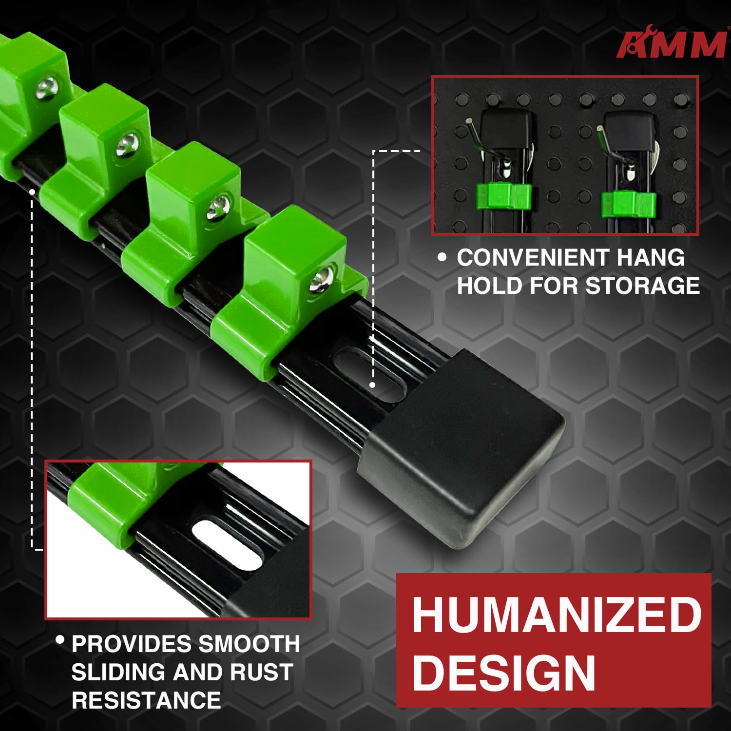 AMM 1/4-inch drive socket rail organizes small sockets in a tidy drawer or toolbox.
