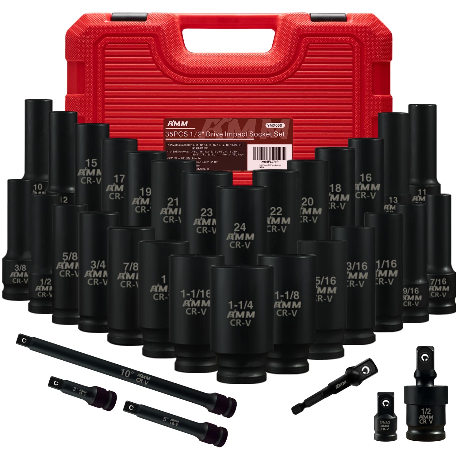 AMM 1/2-inch deep metric sockets 10-24mm for precise auto repairs