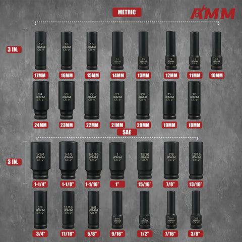 AMM 1/2-inch deep SAE sockets for common automotive fasteners