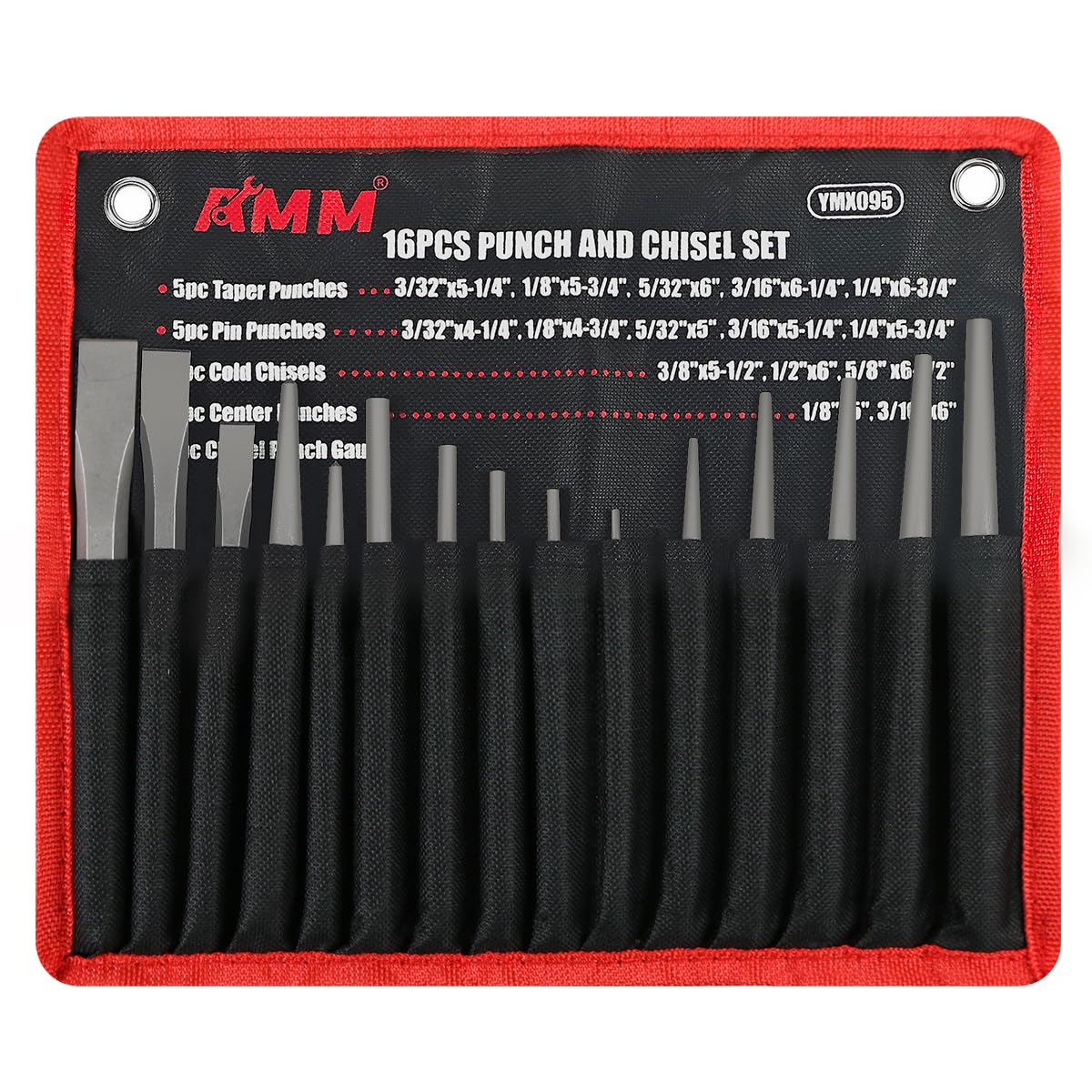 AMM 16-piece punch and chisel set, front view, versatile for woodworking and metalworking