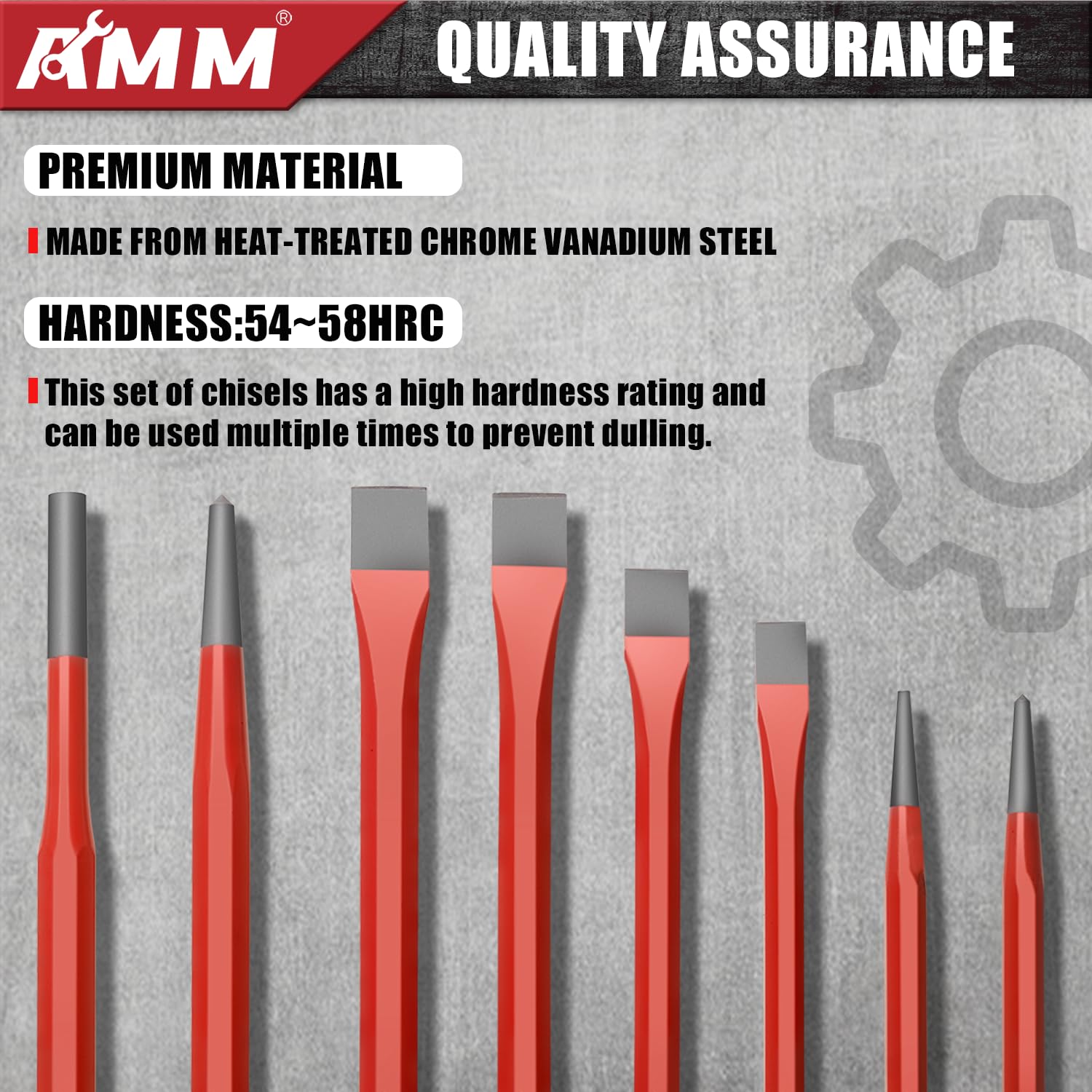 AMM punch and chisel set with 54-58HRC heads reduces wear and deformation